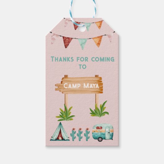 Meisjes kamperen avontuur sluimer verjaardagsfeest cadeaulabel (Voorkant)