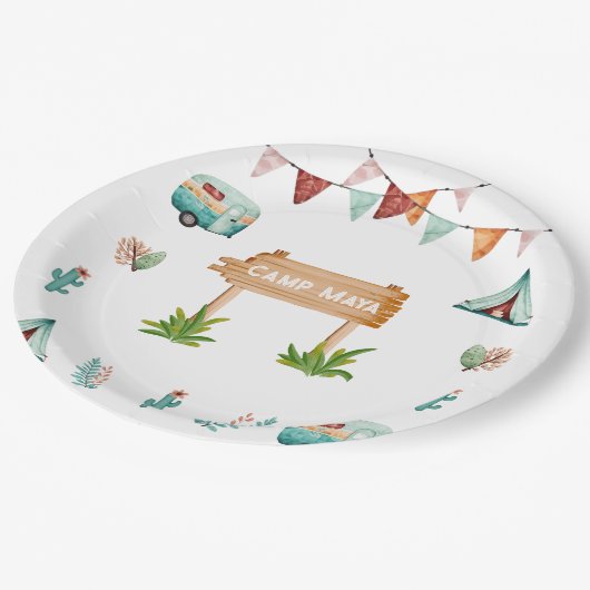 Meisjes kamperen avontuur sluimer verjaardagsfeest papieren bordje (Gekanteld)