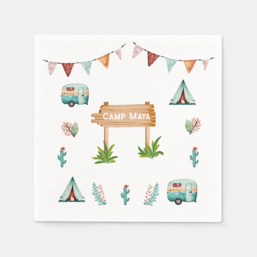 Meisjes kamperen avontuur sluimer verjaardagsfeest servet (Voorkant)