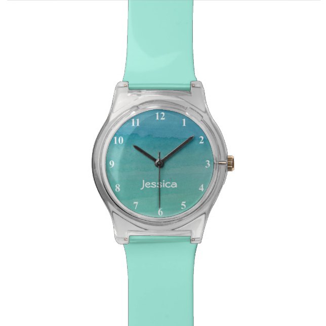 Meisjes kijken naar aqua blue pastel waterverf sch horloge (Close Up)
