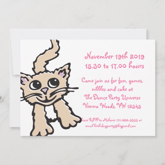 Meisjes kitten kat party roze uitnodiging (Achterkant)