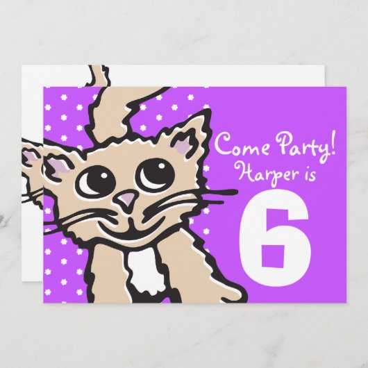 Meisjes kitten paarse uitnodiging (Voorkant / Achterkant)