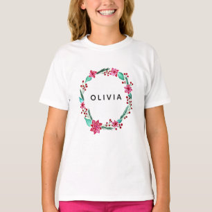 Meisjes kletsen Waterverf Flower Wreate en Name T-shirt