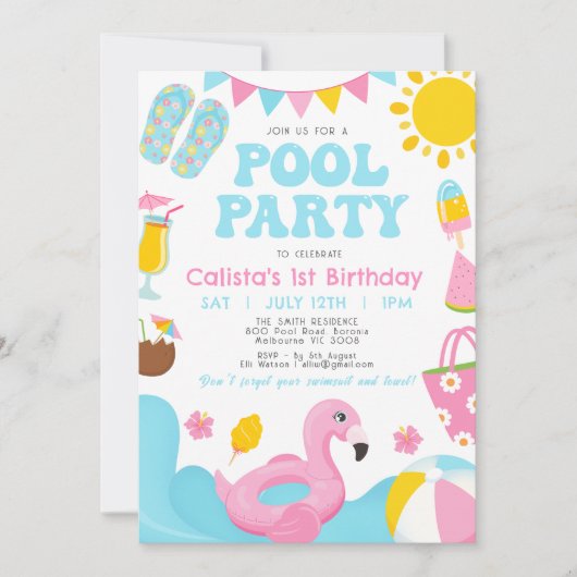 Meisjes Kleurrijke Zomer Pool Party Verjaardag Kaart (Voorkant)