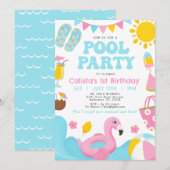 Meisjes Kleurrijke Zomer Pool Party Verjaardag Kaart (Voorkant / Achterkant)