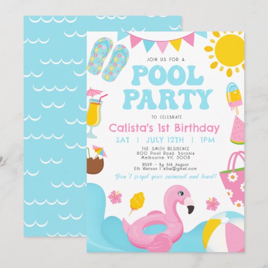 Meisjes Kleurrijke Zomer Pool Party Verjaardag Kaart (Voorkant / Achterkant)