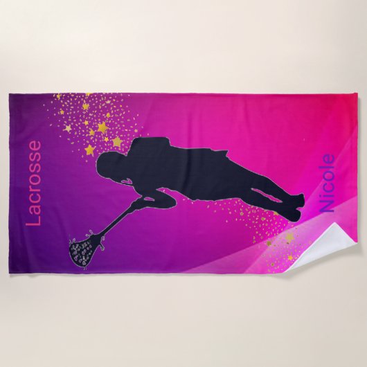 Meisjes Lacrosse Roze & Paarse Gold Stars Strandlaken (Voorkant)