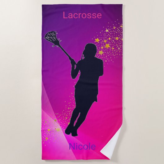 Meisjes Lacrosse Roze & Paarse Gold Stars Strandlaken (Voorkant)