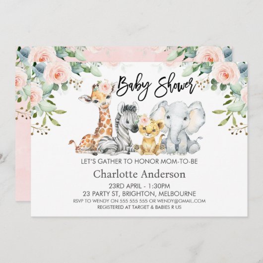 Meisjes Landschap Safari Dieren Baby shower Kaart (Voorkant / Achterkant)