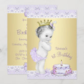 Meisjes Lavendel Goud Eerste Verjaardag Uitnodigin Kaart (Voorkant / Achterkant)