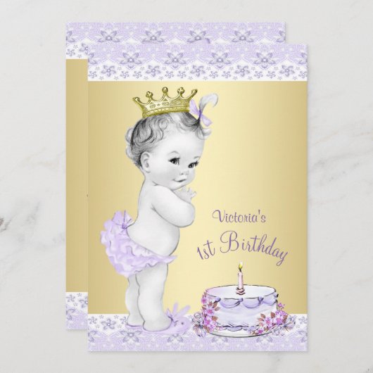 Meisjes Lavendel Goud Eerste Verjaardag Uitnodigin Kaart (Voorkant / Achterkant)
