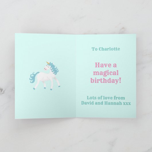 Meisjes leeftijd 3 eenhoorn verjaardag kaart (Binnen)