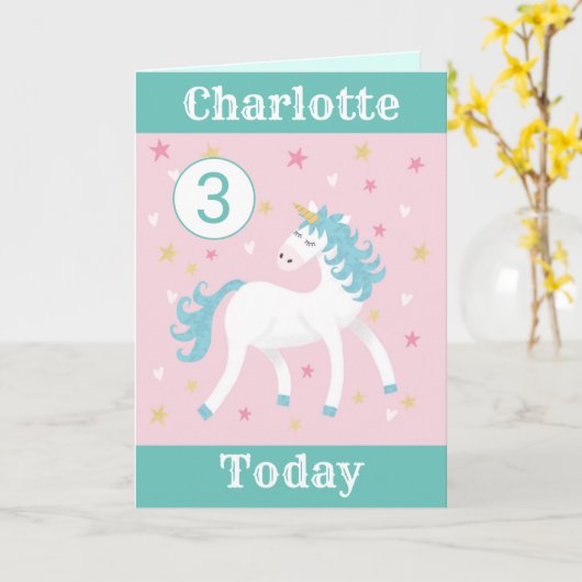 Meisjes leeftijd 3 eenhoorn verjaardag kaart (Gele Bloem)