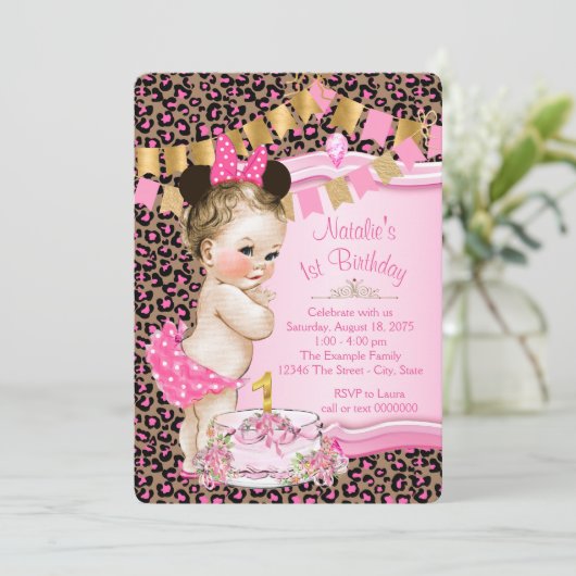 Meisjes Leopard 1e verjaardag Kaart (Staand voorkant)