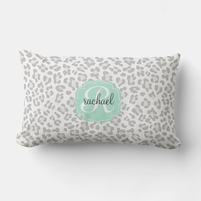 Meisjes Leopard Silver en Mint Green gepersonalise Kussen (Voorkant)