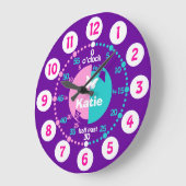 Meisjes leren de tijd paarse naamklok te vertellen grote klok (Hoek)