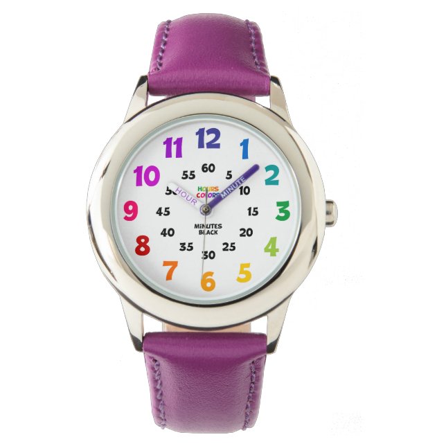 Meisjes Leren om te vertellen Tijd Paarse & Rainbo Horloge (Voorkant)