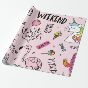 Meisjes leuk concept met eenhoorn, flamingo, cactu cadeaupapier