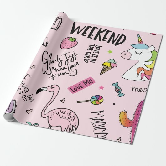 Meisjes leuk concept met eenhoorn, flamingo, cactu cadeaupapier (Uitgerold)