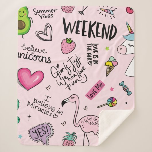 Meisjes leuk concept met eenhoorn, flamingo, cactu sherpa deken (Voorkant)