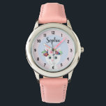 Meisjes Leuke Bloemen Kat Cartoon en Naam Kinder Horloge<br><div class="desc">Dit schattige en meisjesachtige horloge van het kind is voorzien van een mooie,  handbeschilderde kat met een bloemenkrans. Dit ontwerp van de bloemenwaterverf beschikt ook over een plek voor u om de naam van uw meisje toe te voegen. Perfect voor het eerste horloge van elk kind!</div>