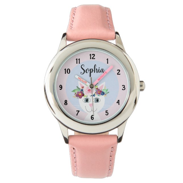 Meisjes Leuke Bloemen Kat Cartoon en Naam Kinder Horloge (Voorkant)
