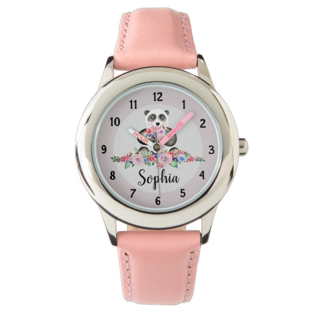 Meisjes Leuke Bloemen Panda Beer en Naam Kinder Horloge (Voorkant)