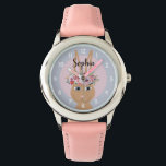 Meisjes Leuke Bloemen Waterverf Konijn en Naam Kin Horloge<br><div class="desc">Dit schattige en meisjesachtige bloemenhorloge heeft een mooi,  handbeschilderd konijnenbruin kind met een prachtige bloemenkrans in haar haar. Waterverf Dit ontwerp met bloemenstijl heeft ook een plek voor u om de naam van uw meisje toe te voegen in een elegante typografie. Perfect voor het eerste horloge van elk kind!</div>