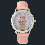 Meisjes Leuke Bloemen Waterverf Konijn en Naam Kin Horloge<br><div class="desc">Dit schattige en meisjesachtige bloemenhorloge heeft een mooi,  handbeschilderd konijnenbruin kind met een prachtige bloemenkrans in haar haar. Waterverf Dit ontwerp met bloemenstijl heeft ook een plek voor u om de naam van uw meisje toe te voegen in een elegante typografie. Perfect voor het eerste horloge van elk kind!</div>