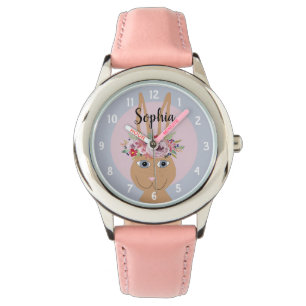Meisjes Leuke Bloemen Waterverf Konijn en Naam Kin Horloge