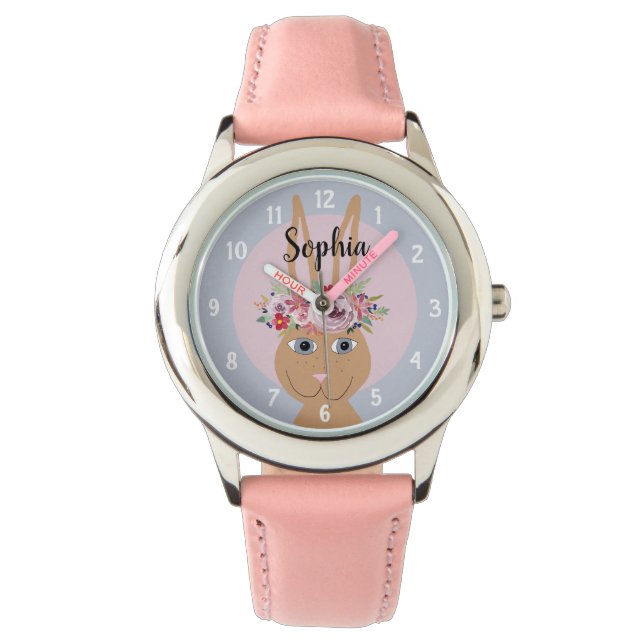 Meisjes Leuke Bloemen Waterverf Konijn en Naam Kin Horloge (Voorkant)