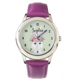 Meisjes Leuke Bloemen Waterverf Konijn en Naam Kin Horloge