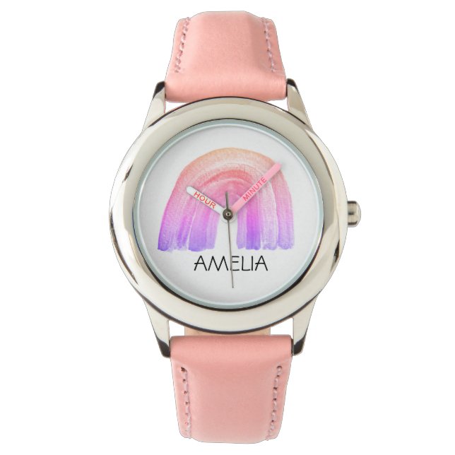 Meisjes Leuke Boho Waterverf Regenboog en Naam Pas Horloge (Voorkant)
