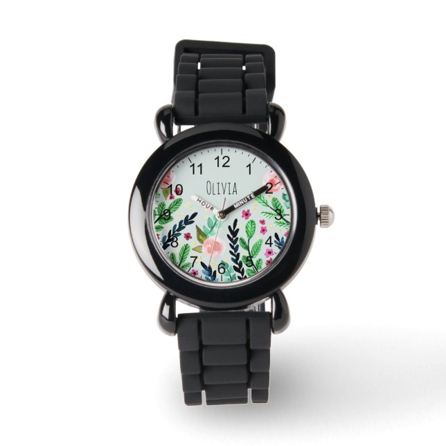 Meisjes Leuke Botanische Waterverf Bloemen Kinder Horloge (Voorkant)