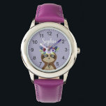 Meisjes Leuke luiaard Waterverf Flowers & Naam Kin Horloge<br><div class="desc">Dit moderne en meisjesachtige kinder horloge heeft een prachtige, handbeschilderde luiaard cartoon met een prachtige bloemenkrans in haar haar, op een schattige paarse achtergrond. Dit floral waterverf luiaard horloge heeft ook een plek voor u om de naam van uw meisje toe te voegen in elegante typografie. Het perfecte wildlife ontwerp...</div>