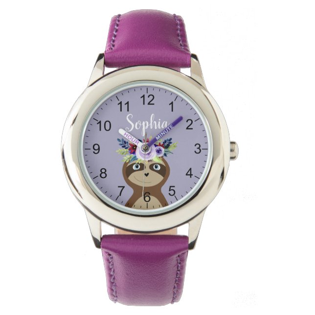 Meisjes Leuke luiaard Waterverf Flowers & Naam Kin Horloge (Voorkant)