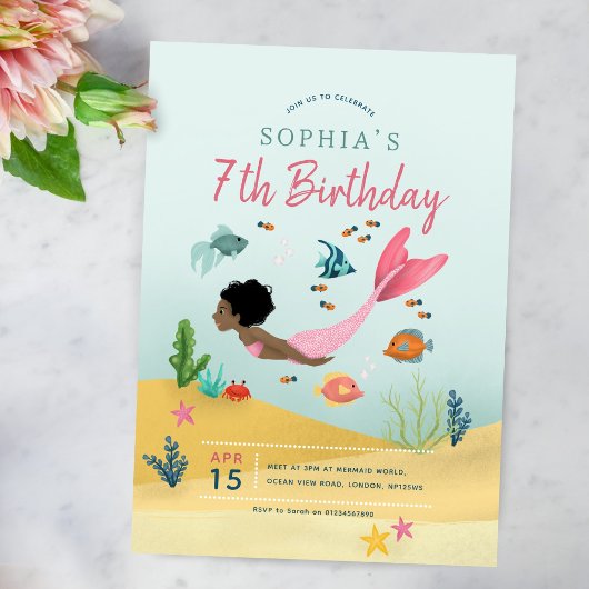 Meisjes Leuke Magische Afro Zeemeermin 7e Verjaard Kaart