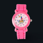Meisjes Leuke Magische Regenboog Eenhoorn en Naam  Horloge<br><div class="desc">Dit schattige en magische kinderen horloge heeft een schattige, handbeschilderde waterverf regenboog eenhoorn met een roze achtergrond. Dit mooie kleurrijke ontwerp beschikt ook over een plek voor u om de naam van uw meisje toe te voegen. Met duidelijke, gemakkelijk leesbare nummers is dit 'eerste' horloge geweldig voor diegenen die net...</div>
