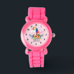 Meisjes Leuke Magische Regenboog Eenhoorn en Naam  Horloge<br><div class="desc">Dit schattige en magische kinderen horloge heeft een schattige, handbeschilderde waterverf regenboog eenhoorn met een roze achtergrond. Dit mooie kleurrijke ontwerp beschikt ook over een plek voor u om de naam van uw meisje toe te voegen. Met duidelijke, gemakkelijk leesbare nummers is dit 'eerste' horloge geweldig voor diegenen die net...</div>