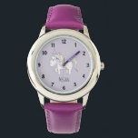 Meisjes Leuke Paarse Magische Eenhoorn en Naam Kin Horloge<br><div class="desc">Dit schattige en grillige meisjesachtige kinder horloge ontwerp is een onderdeel van een collectie met schattige doodle voor meisjeskleding, accessoires en kinderkamer decor. Dit ontwerp heeft een handgetekende doodle pastel eenhoorn op een paarse achtergrond en kan worden gepersonaliseerd met de naam van je meisje. Perfect voor het eerste horloge van...</div>
