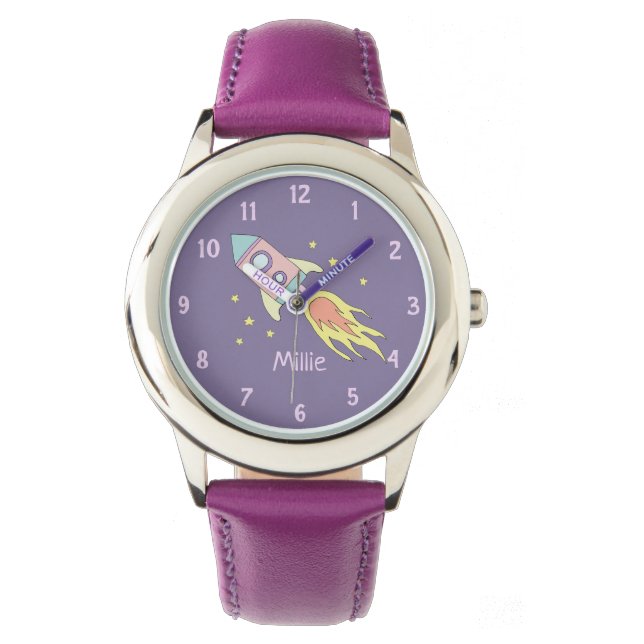 Meisjes Leuke Paarse Raket Ship Ruimte en Naam Kin Horloge (Voorkant)