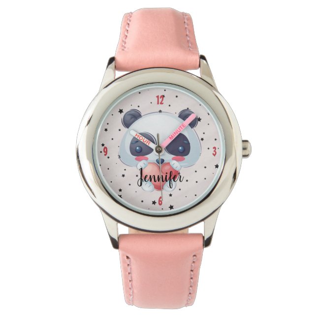 Meisjes Leuke Panda Beer en Sterren Aangepaste Naa Horloge (Voorkant)