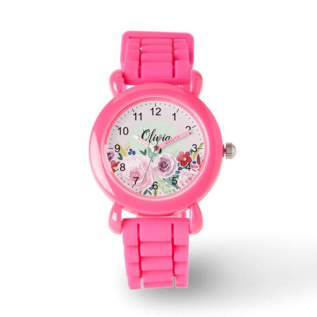 Meisjes Leuke Roze Botanische Bloemen en Naam Kind Horloge (Voorkant)