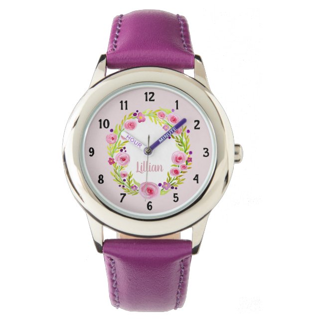 Meisjes Leuke Roze Waterverf Bloemen en Naam Kinde Horloge (Voorkant)