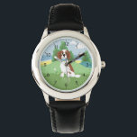 Meisjes Leuke Springer Spaniël Hond met Naam Kinde Horloge<br><div class="desc">Dit schattige, moderne kinder horloge is voorzien van een schattige springer spaniel puppy cartoon met heuvels en een strand op de achtergrond en heeft ruimte voor u om uw meisjesnaam toe te voegen. Met duidelijke, gemakkelijk leesbare nummers is dit 'eerste' horloge geweldig voor kinderen of peuters die net beginnen met...</div>