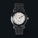 Meisjes Leuke Witte Kat met Bloemen & Naam Kinder Horloge<br><div class="desc">Dit mooie en chique kinder horloge ontwerp heeft een schattige witte kat cartoon en waterverf bloemenkrans,  met een aanpasbare achtergrondkleur en een plek voor uw kind om de naam van uw meisje toe te voegen in een elegant lettertype.</div>