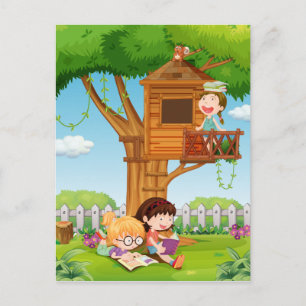 Meisjes lezen boeken in de tuin briefkaart