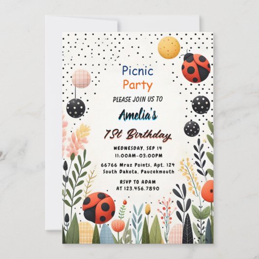 Meisjes Liefde Bug Picknick Polka Dot 1e Verjaarda Kaart (Voorkant)