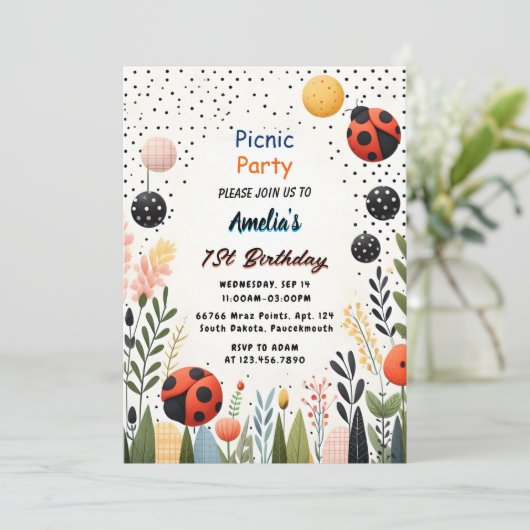 Meisjes Liefde Bug Picknick Polka Dot 1e Verjaarda Kaart (Staand voorkant)