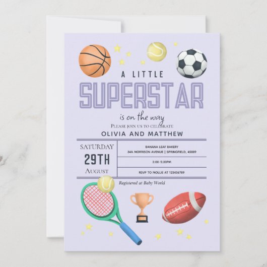 Meisjes Lieve Paarse Sport Superster Baby Shower Kaart (Voorkant)